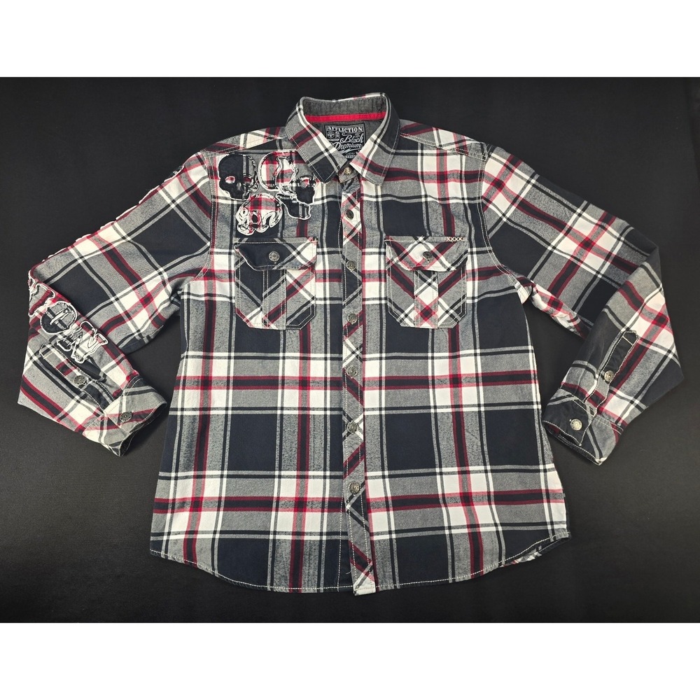 Affliction Black Premium Skull Plaid Button Up Shirt Men's X Large Y2K Grunge